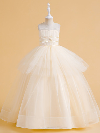 シャンパンカラーホワイトフラワーガールドレス 特別な日のためのドレス シャンパンチュール ノースリーブ ジュエルネック フラワーガールドレス