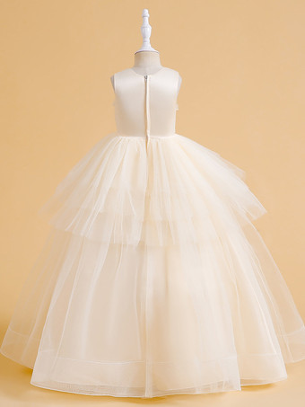 ホワイトフラワーガールドレス 特別な日のためのドレス シャンパンチュール ノースリーブ ジュエルネック フラワーガールドレス
