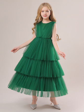 ホワイトフラワーガールドレス 特別な日のためのドレス ダークグリーンチュール ノースリーブ ジュエルネック フラワーガールドレス