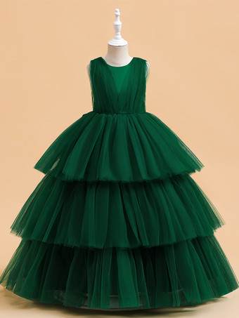 ダークグリーンホワイトフラワーガールドレス 特別な日のためのドレス ダークグリーンチュール ノースリーブ ジュエルネック フラワーガールドレス