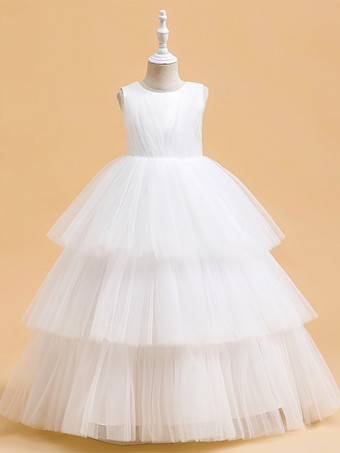 ホワイト ホワイトフラワーガールドレス 特別な日のためのドレス ダークグリーンチュール ノースリーブ ジュエルネック フラワーガールドレス