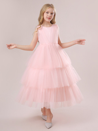 ホワイトフラワーガールドレス 特別な日のためのドレス ダークグリーンチュール ノースリーブ ジュエルネック フラワーガールドレス