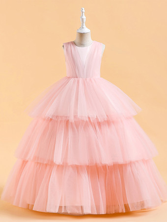 サーモンピンクホワイトフラワーガールドレス 特別な日のためのドレス ダークグリーンチュール ノースリーブ ジュエルネック フラワーガールドレス