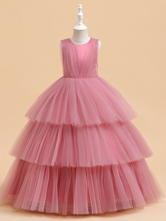 カメオピンクホワイトフラワーガールドレス 特別な日のためのドレス ダークグリーンチュール ノースリーブ ジュエルネック フラワーガールドレス