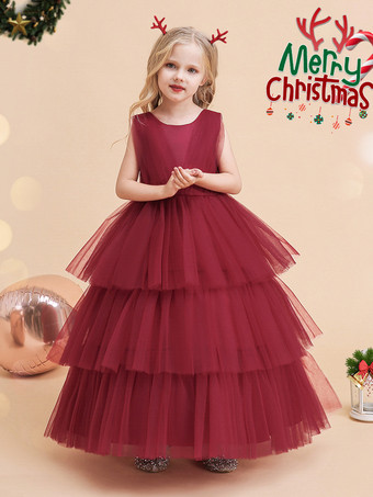 ホワイトフラワーガールドレス 特別な日のためのドレス ダークグリーンチュール ノースリーブ ジュエルネック フラワーガールドレス