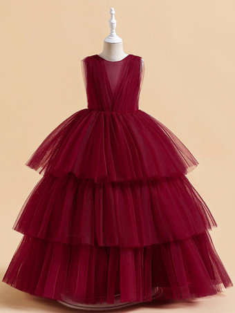 ワインレッド ホワイトフラワーガールドレス 特別な日のためのドレス ダークグリーンチュール ノースリーブ ジュエルネック フラワーガールドレス