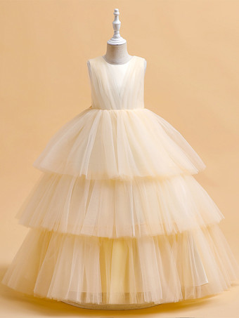 シャンパンカラーホワイトフラワーガールドレス 特別な日のためのドレス ダークグリーンチュール ノースリーブ ジュエルネック フラワーガールドレス