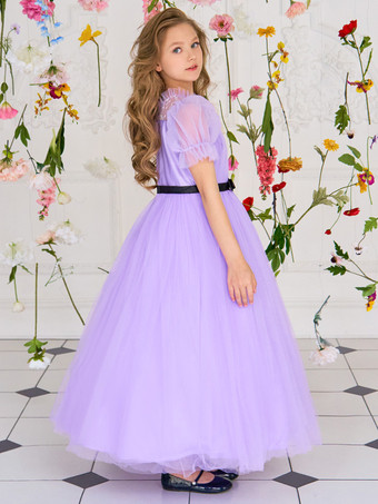 ホワイトフラワーガールドレス 特別な日のためのドレス パープルチュール 半袖 ジュエルネック フラワーガールドレス