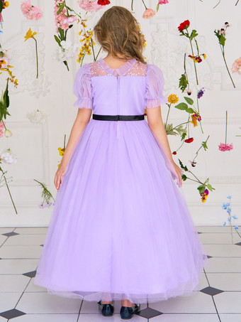 ホワイトフラワーガールドレス 特別な日のためのドレス パープルチュール 半袖 ジュエルネック フラワーガールドレス