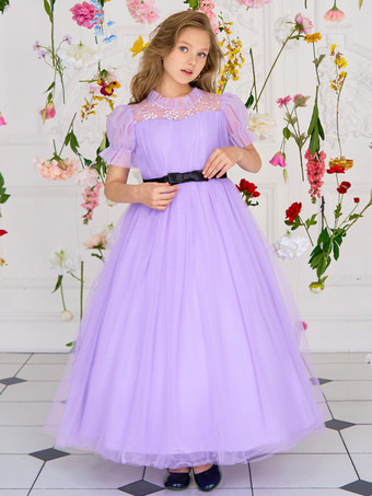ホワイトフラワーガールドレス 特別な日のためのドレス パープルチュール 半袖 ジュエルネック フラワーガールドレス