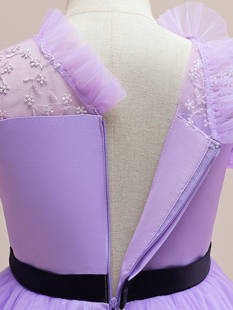 ホワイトフラワーガールドレス 特別な日のためのドレス パープルチュール 半袖 ジュエルネック フラワーガールドレス