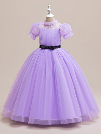 パープル ホワイトフラワーガールドレス 特別な日のためのドレス パープルチュール 半袖 ジュエルネック フラワーガールドレス