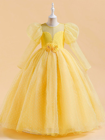 イエロー白いフラワーガールドレス 特別な日のためのドレス 黄色のレースの長袖 ジュエルネックのフラワーガールドレス