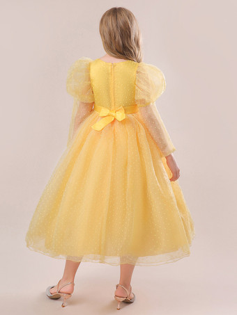 白いフラワーガールドレス 特別な日のためのドレス 黄色のレースの長袖 ジュエルネックのフラワーガールドレス