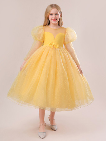 白いフラワーガールドレス 特別な日のためのドレス 黄色のレースの長袖 ジュエルネックのフラワーガールドレス