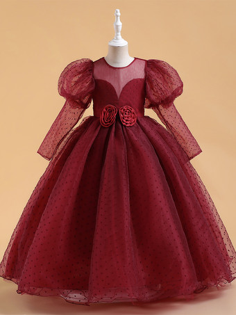 ワインレッド 白いフラワーガールドレス 特別な日のためのドレス 黄色のレースの長袖 ジュエルネックのフラワーガールドレス