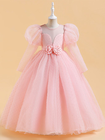 ピンク白いフラワーガールドレス 特別な日のためのドレス 黄色のレースの長袖 ジュエルネックのフラワーガールドレス