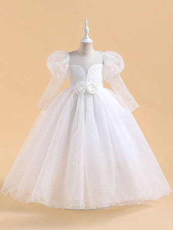 ホワイト 白いフラワーガールドレス 特別な日のためのドレス 黄色のレースの長袖 ジュエルネックのフラワーガールドレス