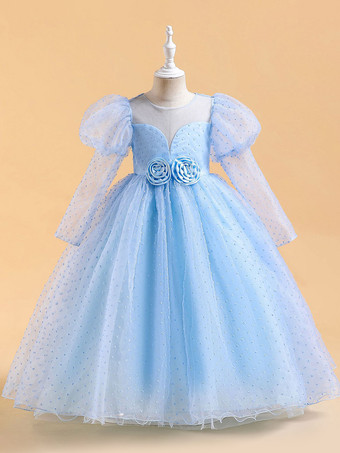 ベビーブルー白いフラワーガールドレス 特別な日のためのドレス 黄色のレースの長袖 ジュエルネックのフラワーガールドレス