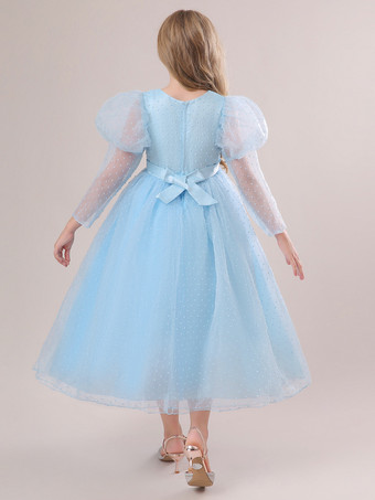 白いフラワーガールドレス 特別な日のためのドレス 黄色のレースの長袖 ジュエルネックのフラワーガールドレス