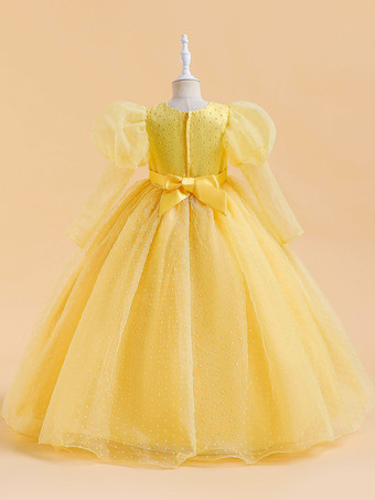 白いフラワーガールドレス 特別な日のためのドレス 黄色のレースの長袖 ジュエルネックのフラワーガールドレス