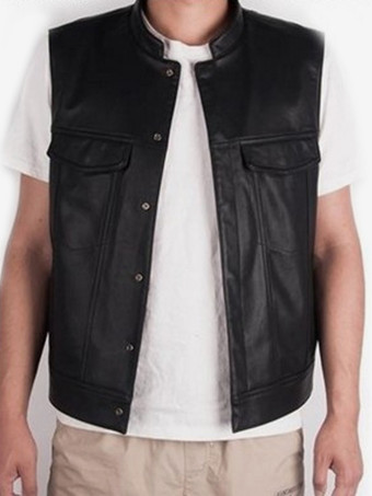 男性用ブラック ヴィンテージ トップ レトロ ノースリーブ PU レザー トップ レトロ コスチューム