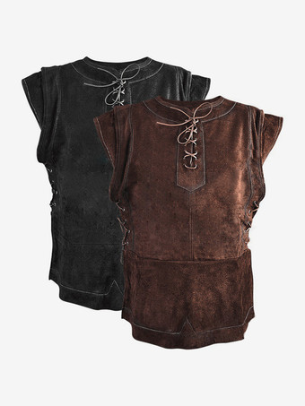 ディープブラウンのヴィンテージトップ レトロ ノースリーブ ポリエステルトップ 男性用レトロコスチューム