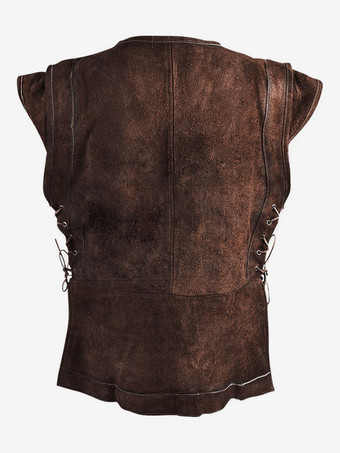 ディープブラウンのヴィンテージトップ レトロ ノースリーブ ポリエステルトップ 男性用レトロコスチューム