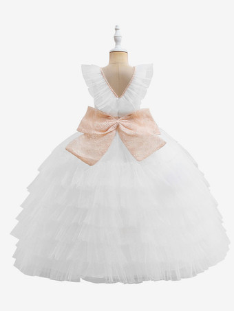 ホワイトフラワーガールドレス 特別な日のドレス ホワイトチュール ノースリーブ Vネック フラワーガールドレス