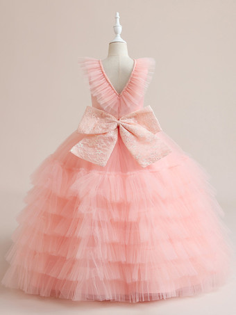 ホワイトフラワーガールドレス 特別な日のドレス ホワイトチュール ノースリーブ Vネック フラワーガールドレス