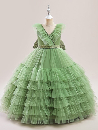 アボカドグリーンホワイトフラワーガールドレス 特別な日のドレス ホワイトチュール ノースリーブ Vネック フラワーガールドレス