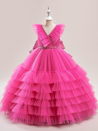 ローズレッドホワイトフラワーガールドレス 特別な日のドレス ホワイトチュール ノースリーブ Vネック フラワーガールドレス