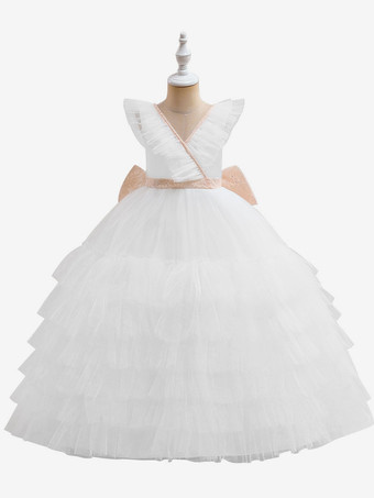 ホワイト ホワイトフラワーガールドレス 特別な日のドレス ホワイトチュール ノースリーブ Vネック フラワーガールドレス