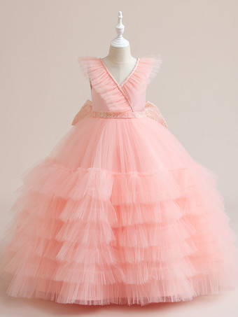 ピンクホワイトフラワーガールドレス 特別な日のドレス ホワイトチュール ノースリーブ Vネック フラワーガールドレス