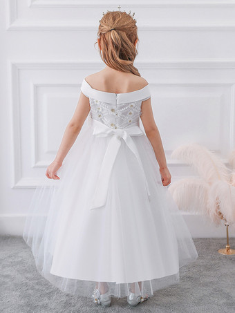 白いフラワーガールドレス 特別な日のためのドレス ホワイトチュール ノースリーブ バトーネック フラワーガールドレス