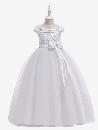 白いフラワーガールドレス 特別な日のためのドレス ホワイトチュール ノースリーブ バトーネック フラワーガールドレス