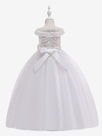 白いフラワーガールドレス 特別な日のためのドレス ホワイトチュール ノースリーブ バトーネック フラワーガールドレス