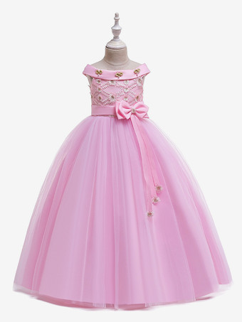 ピンク白いフラワーガールドレス 特別な日のためのドレス ホワイトチュール ノースリーブ バトーネック フラワーガールドレス