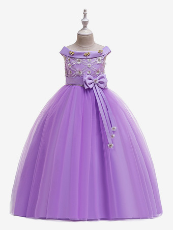 パープル 白いフラワーガールドレス 特別な日のためのドレス ホワイトチュール ノースリーブ バトーネック フラワーガールドレス