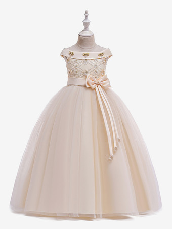 シャンパンカラー白いフラワーガールドレス 特別な日のためのドレス ホワイトチュール ノースリーブ バトーネック フラワーガールドレス