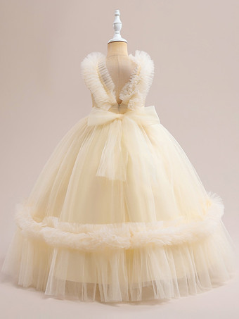 ホワイトフラワーガールドレス 特別な日のドレス シャンパンチュール ノースリーブ Vネック フラワーガールドレス