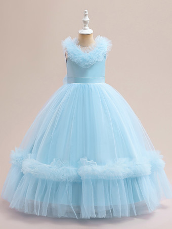 ベビーブルーホワイトフラワーガールドレス 特別な日のドレス シャンパンチュール ノースリーブ Vネック フラワーガールドレス