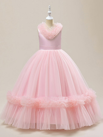 ピンクホワイトフラワーガールドレス 特別な日のドレス シャンパンチュール ノースリーブ Vネック フラワーガールドレス