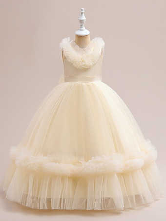 シャンパンカラーホワイトフラワーガールドレス 特別な日のドレス シャンパンチュール ノースリーブ Vネック フラワーガールドレス