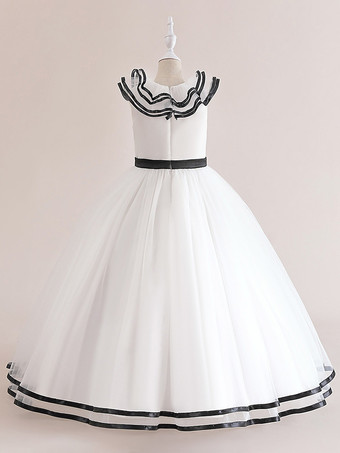 白いフラワーガールドレス 特別な日のためのドレス ホワイトチュール ノースリーブ ジュエルネック フラワーガールドレス