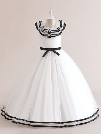 ホワイト 白いフラワーガールドレス 特別な日のためのドレス ホワイトチュール ノースリーブ ジュエルネック フラワーガールドレス