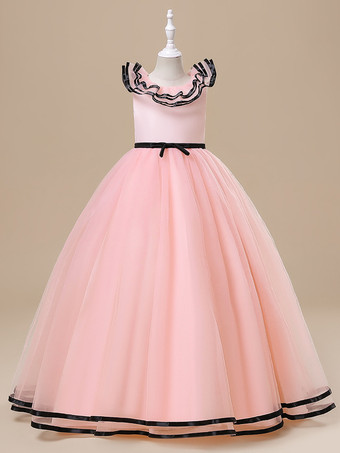 ピンク白いフラワーガールドレス 特別な日のためのドレス ホワイトチュール ノースリーブ ジュエルネック フラワーガールドレス