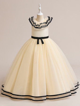 シャンパンカラー白いフラワーガールドレス 特別な日のためのドレス ホワイトチュール ノースリーブ ジュエルネック フラワーガールドレス