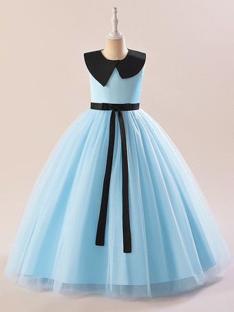 ベビーブルー白いフラワーガールドレス 特別な日のためのドレス ホワイトチュール ノースリーブ ジュエルネック フラワーガールドレス