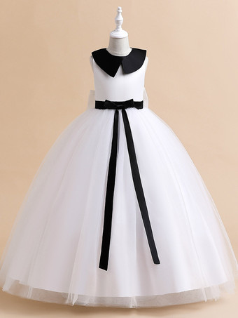 ホワイト 白いフラワーガールドレス 特別な日のためのドレス ホワイトチュール ノースリーブ ジュエルネック フラワーガールドレス